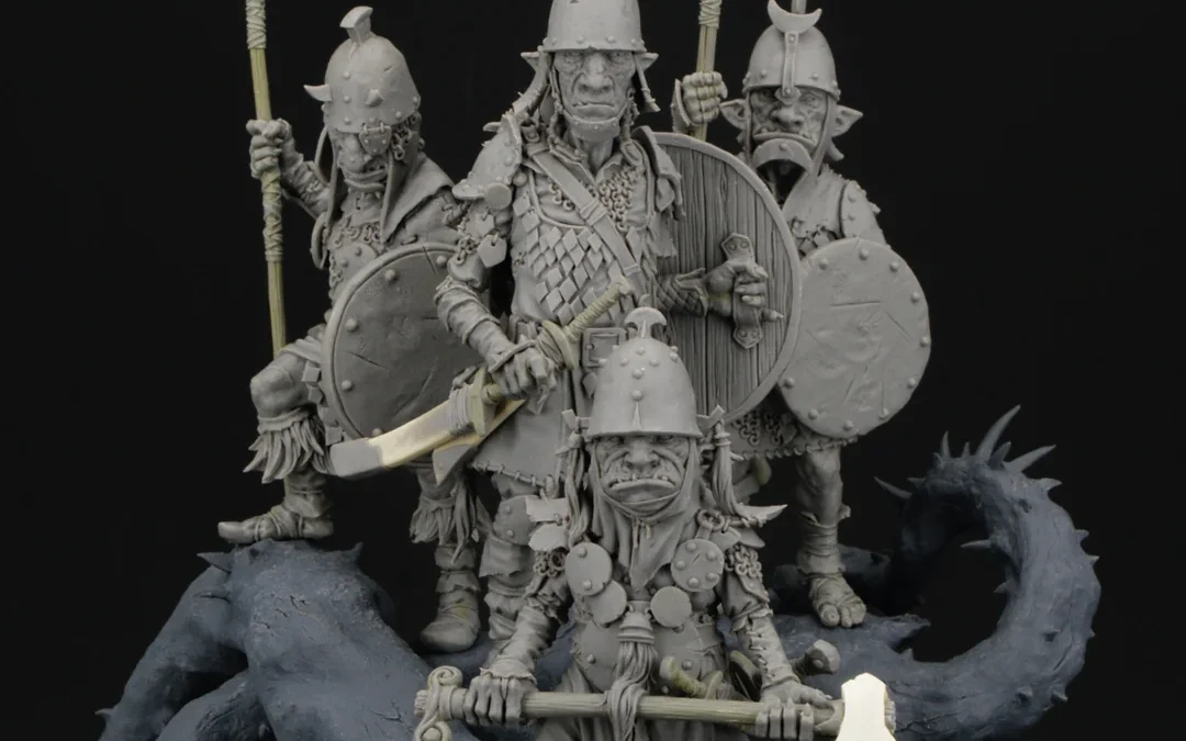 Miniature black soldiers holding weapons on a rock, crafted for Black Sun Miniatures