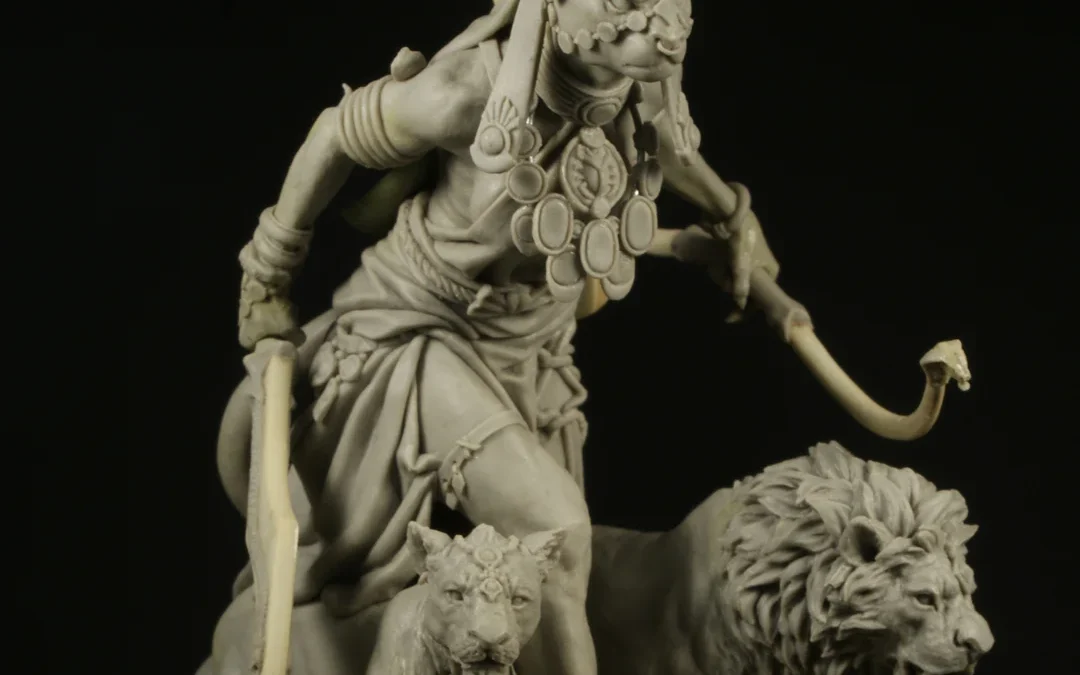 Handcrafted warrior statue with a fierce expression, holding a sword