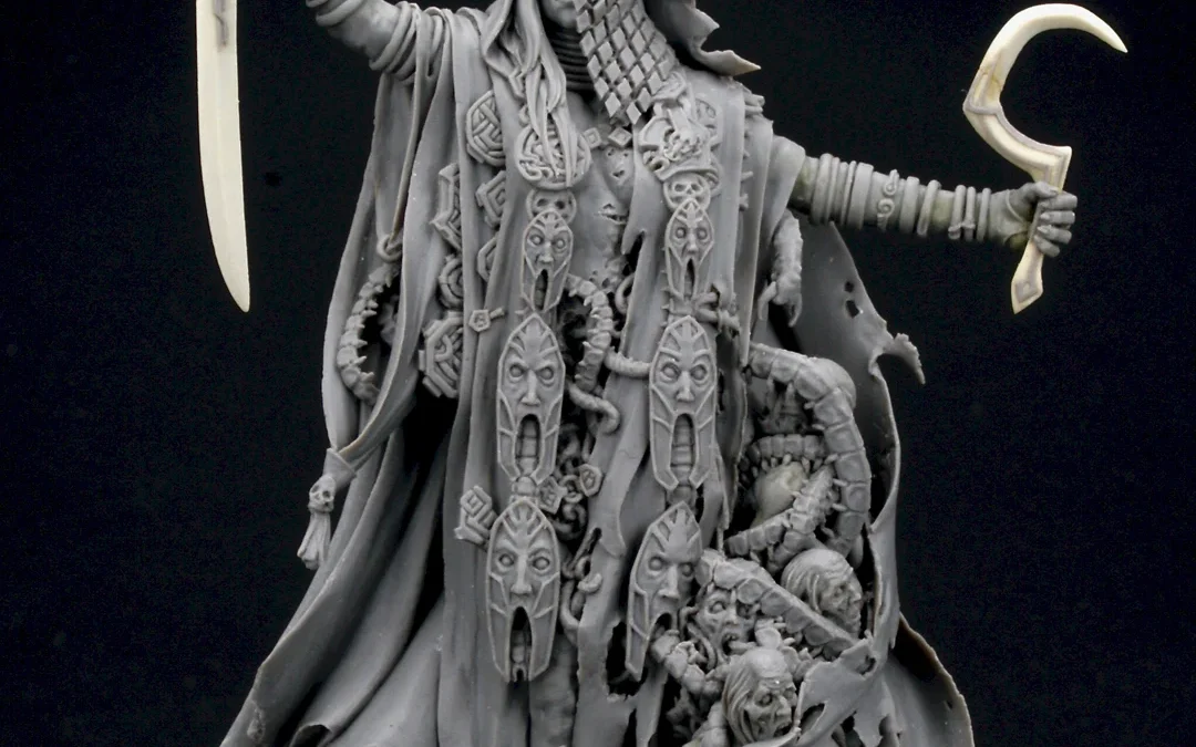 Sculpture of a man in a cloak holding two swords, titled 'Blood Rage Valhalla' by Adrian Smith