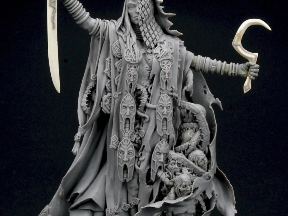 Sculpture of a man in a cloak holding two swords, titled 'Blood Rage Valhalla' by Adrian Smith