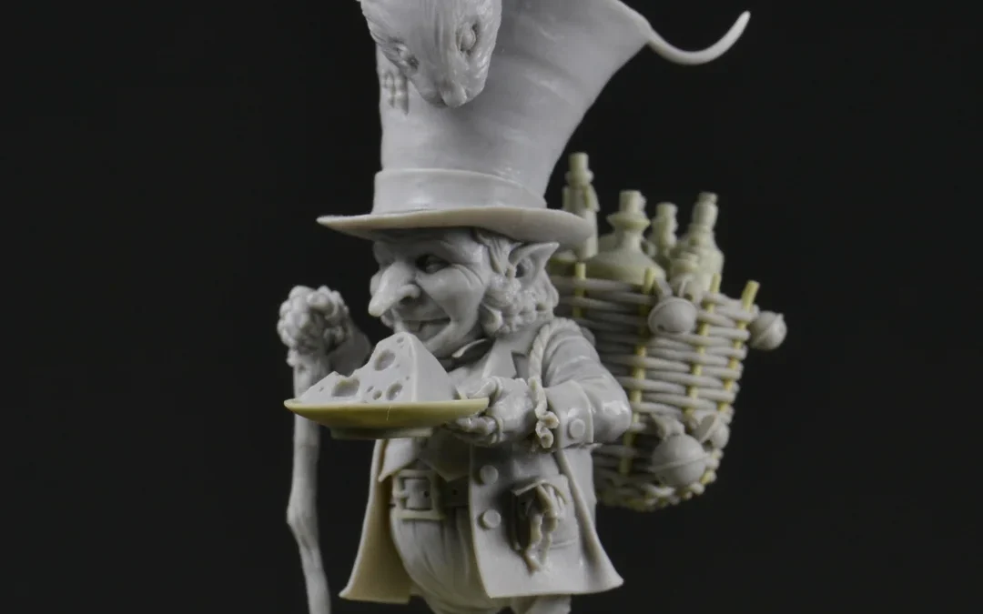 Person in top hats holding a ceramic or sculpted plate with a snake illustration