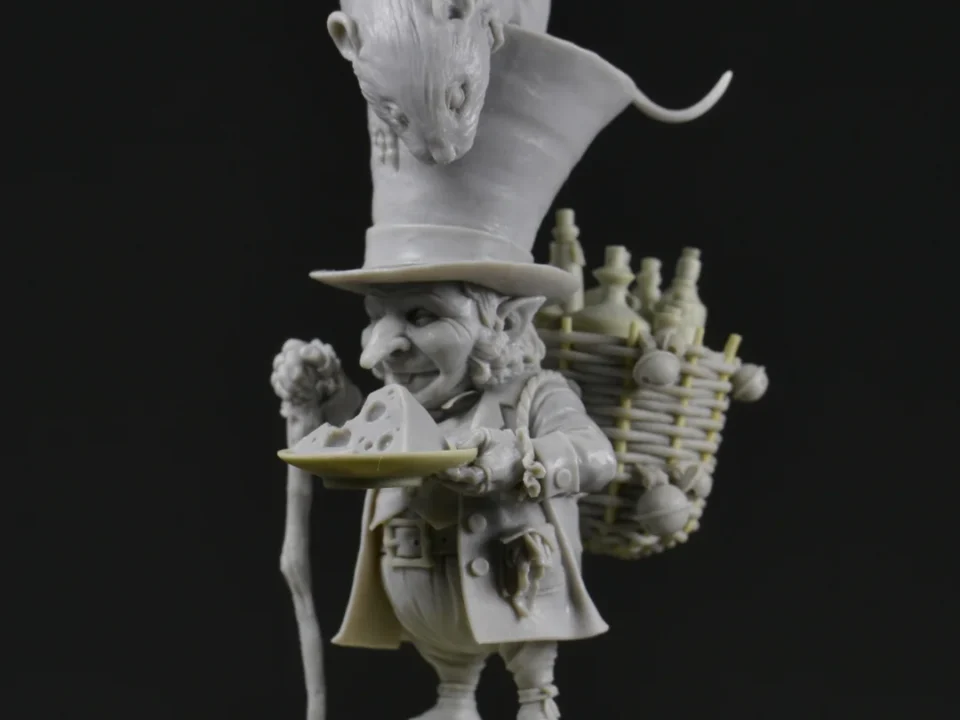Person in top hats holding a ceramic or sculpted plate with a snake illustration