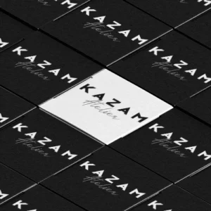 Black and white abstract logo with stylized white text variations