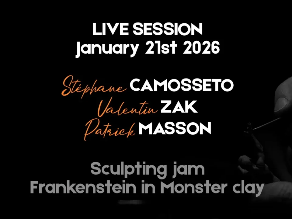Hand holding a black card with text: LIVE SESSION January 21st 2026, sculptors' names and event details