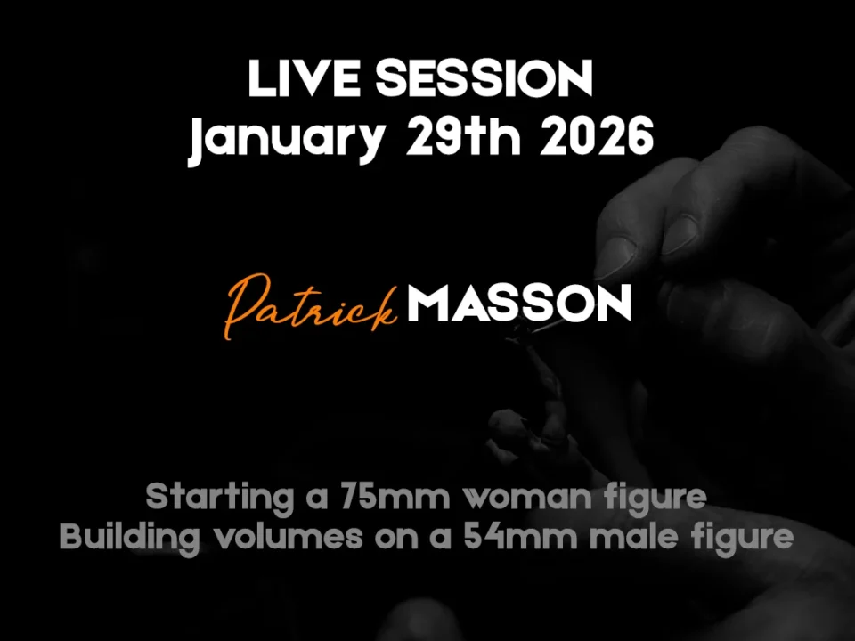Poster for a live sculpting session by Patrick Masson featuring bold text 'LIVE SESSION' and a close-up of sculpted hands