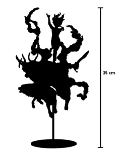 Handcrafted metal sculpture of a dancing figure in the center, surrounded by abstract silhouettes of people in black