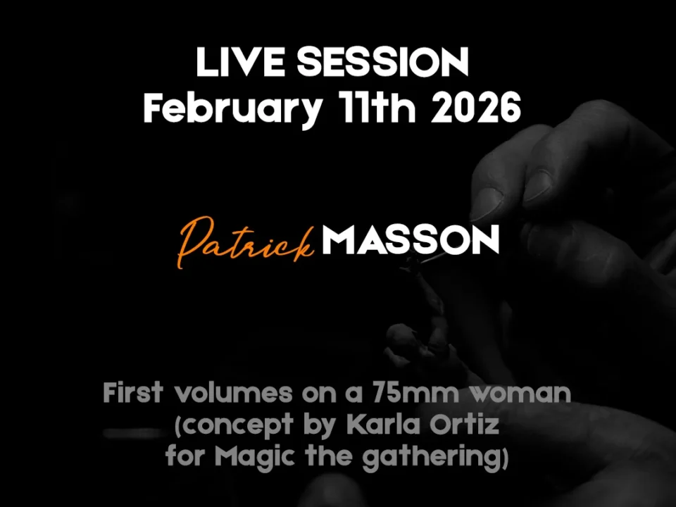 Poster thumbnail showing hand sculpting a 75mm woman’s head for a live session by Patrick Masson