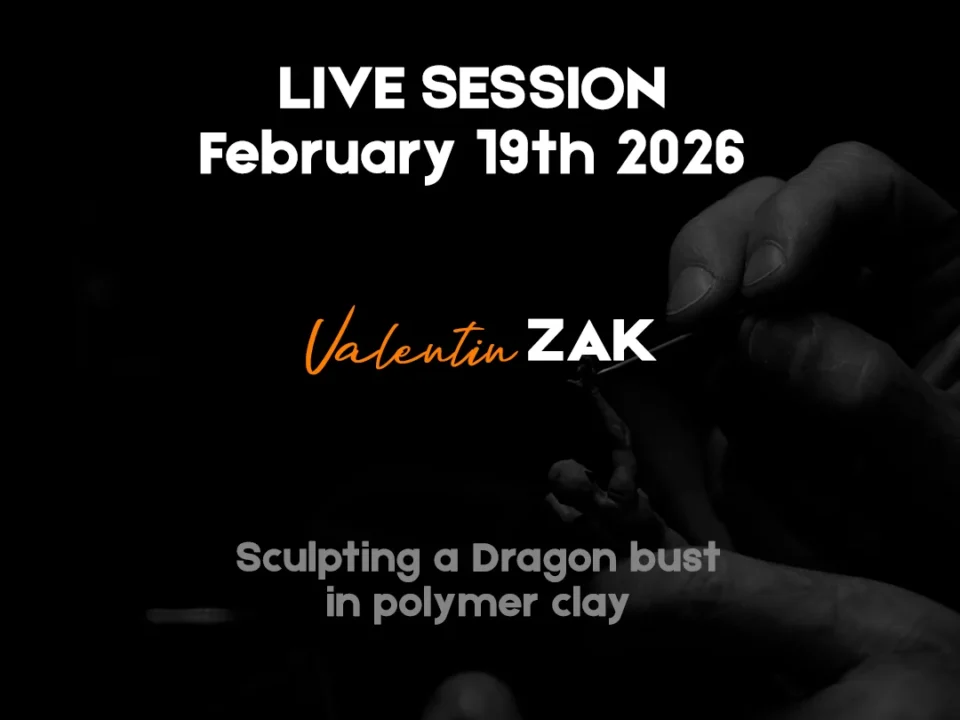 Hand sculpting a dragon bust in polymer clay, with text: 'LIVE SESSION'