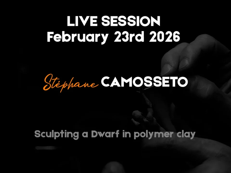 Hands sculpting intricate dwarf figure in polymer clay with date overlay ‘Live Session February 23rd 2026’