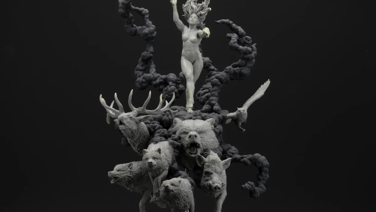 Woman standing among wolves, smoke rising from her head, distressed expression, dark background with text ‘KAZAM’