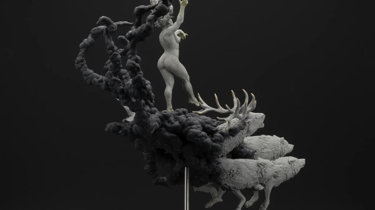A woman standing in a cloud of smoke against a dark background, with bold white text reading 'KAZAM'