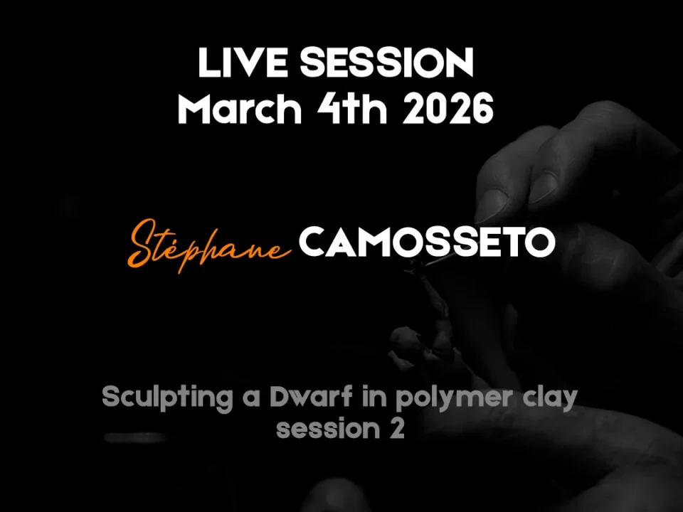 Hands sculpting a dwarf figure in light grey polymer clay, with text overlay: 'LIVE SESSION March 4th 2026'