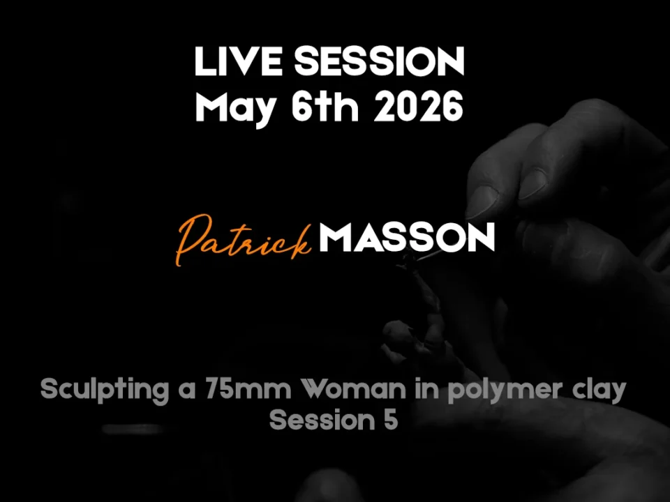 Hand holding a 75mm polymer clay sculpture of a woman in a white dress, live session by Patrick Masson