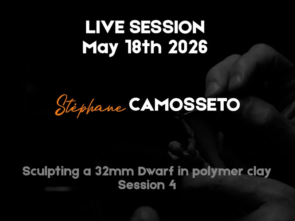Hand holding polymer clay sculpture with text 'LIVE SESSION' and 'Stephane CAMOSSETO' on a matte surface