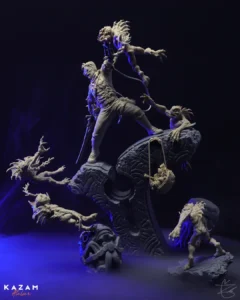 Character Kazam in dynamic pose with arms outstretched, dark background, text 'KAZAM'