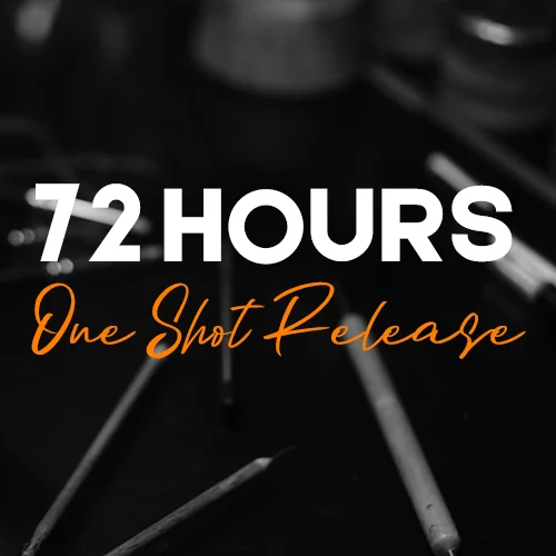 White text on black background reading '12 HOURS' and 'One Shot Release' with scattered white sculptural elements