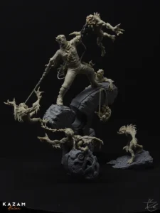 Poster with text 'KAZAM' and a sculpted figure on a rock surrounded by monsters