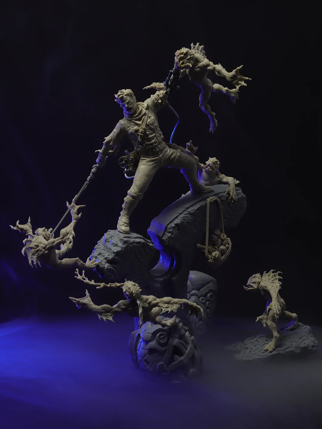Menacing demon statue holding a sword on a rocky outcrop, detailed craftsmanship