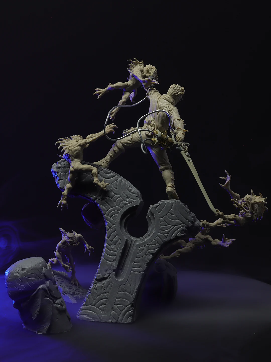 3D printed model of a person holding a sword against a dark background
