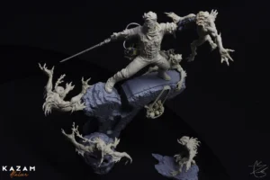 3D model of a figure in white robe holding a sword, standing on a rock, labeled 'KAZAM Atelier'