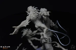 Animated 3D model of a sculpted object in motion against black background with text 'KAZAM' and 'Atelier' visible