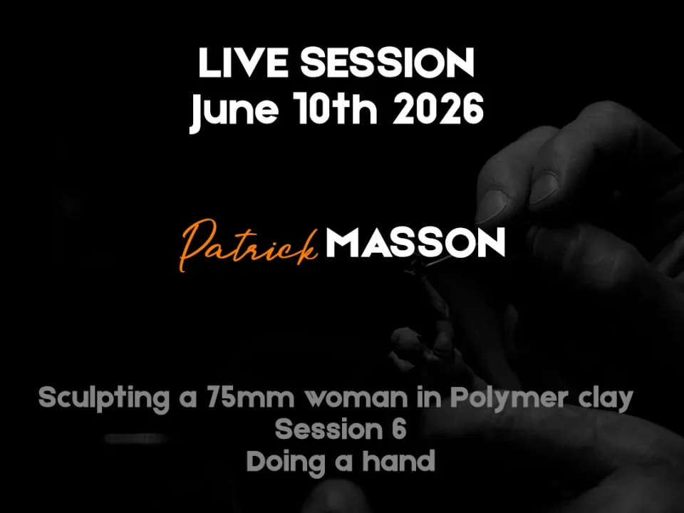 Hands sculpting a 75mm polymer clay figurine of a woman during a live session
