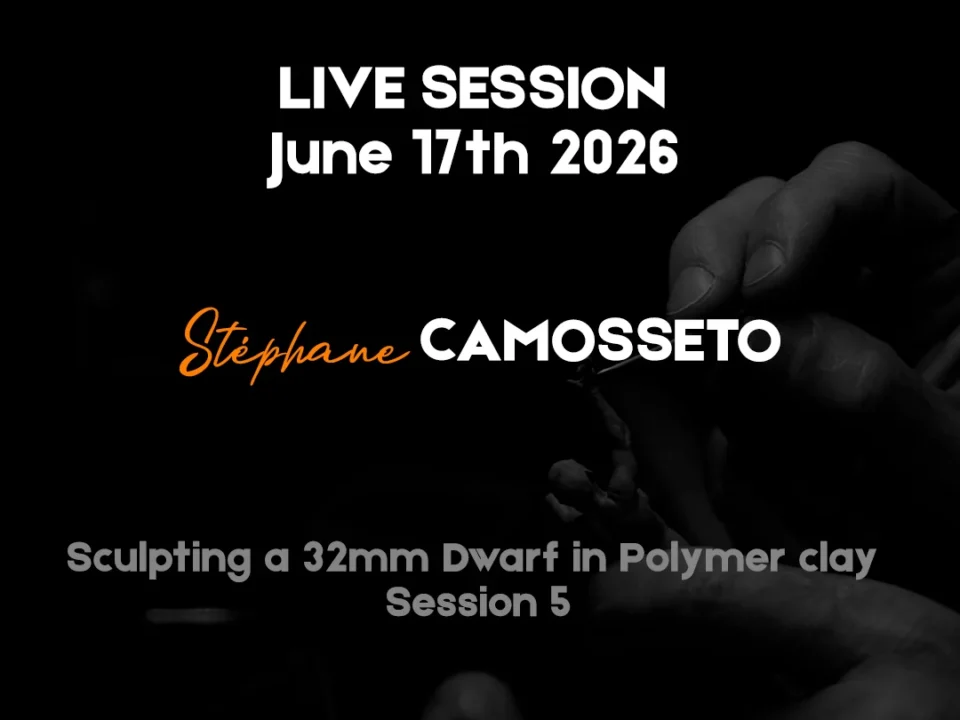 Hand holding polymer clay piece with text: LIVE SESSION, June 17th 2026, Sculpting a 32mm dwarf