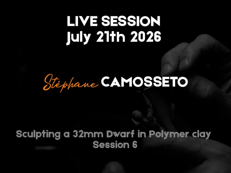 Hands holding a poster for a live session titled 'Sculpting a 32mm Dwarf in Polymer Clay' by Stephane Camosseto