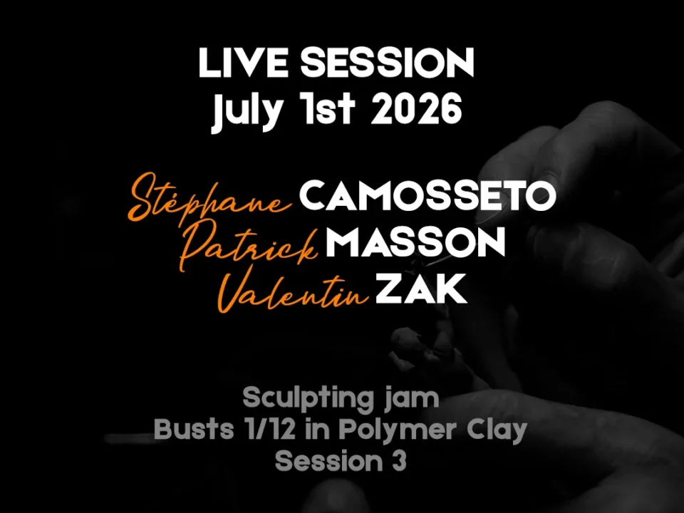 Hand holding polymer clay piece with text: 'LIVE SESSION July 1st 2026' and artist names