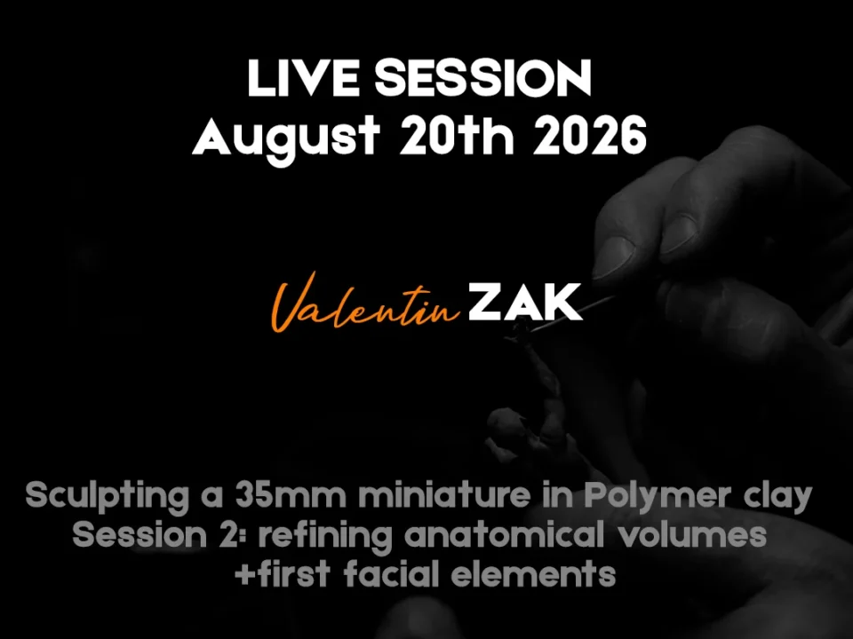 Person’s hand holding a polymer clay sculpture, with a poster showing details of an upcoming live session titled