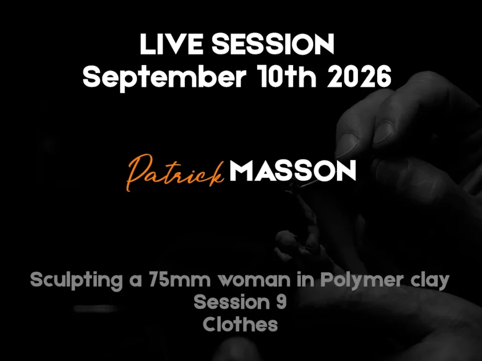 Poster for a live sculpting session showing text 'LIVE SESSION September 10th 2026' and hands in white shirt and black