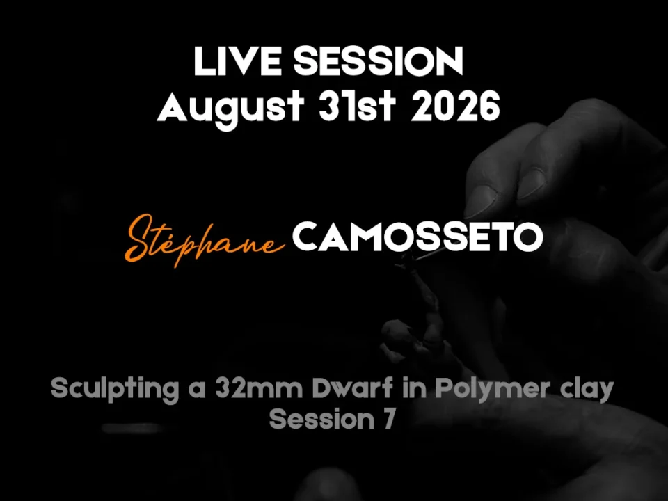 Hand holding polymer clay sculpture with text 'LIVE SESSION' and details about a sculpting session