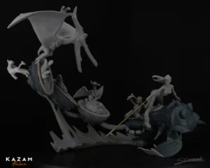 Black and white sculpted dragon model on black background with text 'KAZAM' and 'Atelier'