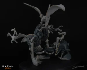 Black-and-white dragon sculpture with detailed scales, wings, and open mouth, surrounded by light halo. Text reads 'KAZAM'