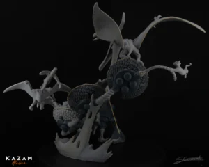 Black-and-white sculpture of a Kazam dragon with glowing yellow eyes and open mouth, wings spread, on black background