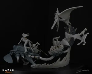 3D dragon sculpture with a robed figure holding a staff, text reads 'KAZAM' and 'Atcher'