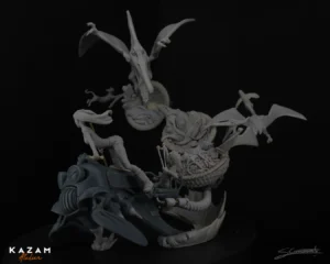 Detailed black-and-white dragon sculpture with open mouth and sharp teeth, intricate scales and wings