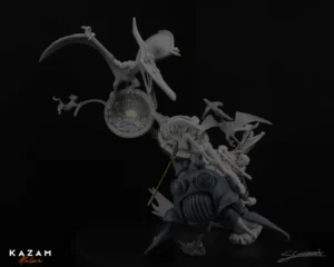3D hand-sculpted man in gas mask holding a sword, labeled 'KAZAM' and 'Atcher'