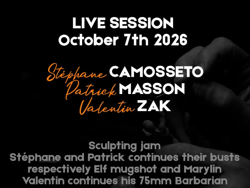 Hand holding a microphone with text: LIVE SESSION October 7th 2026, featuring names and sculpting references